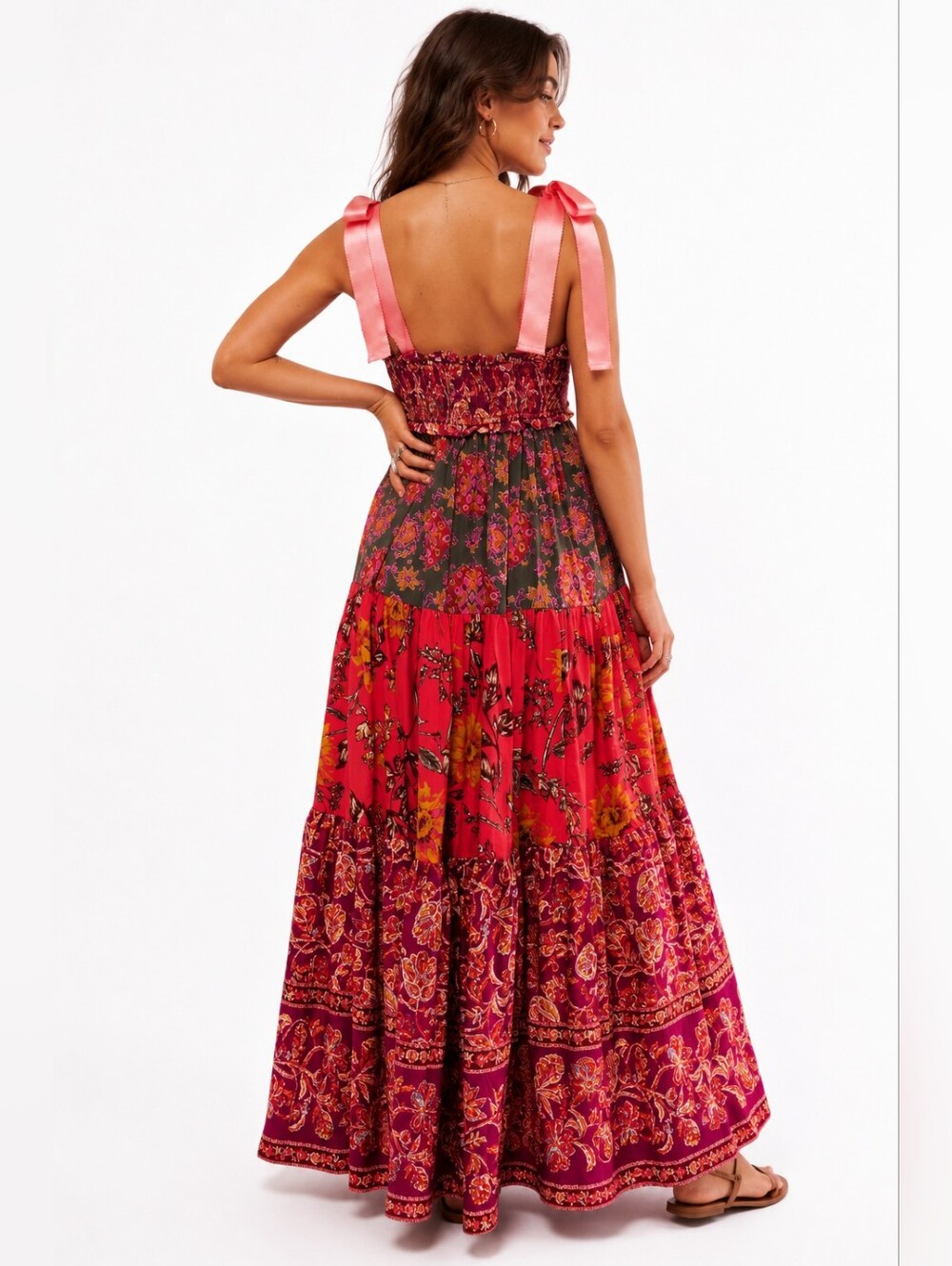 Free People Bluebell Maxi Dress  Magenta Combo Floral Boho Smocked Pockets Sz S - Picture 2 of 16